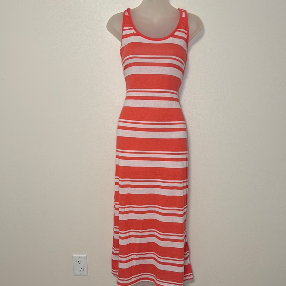 Striped Sleeveless Maxi Dress - Coral Orange White Small